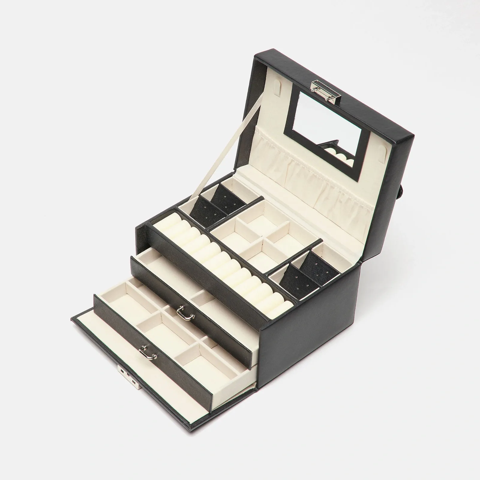 Svart smyckeskrin i 3 nivåer