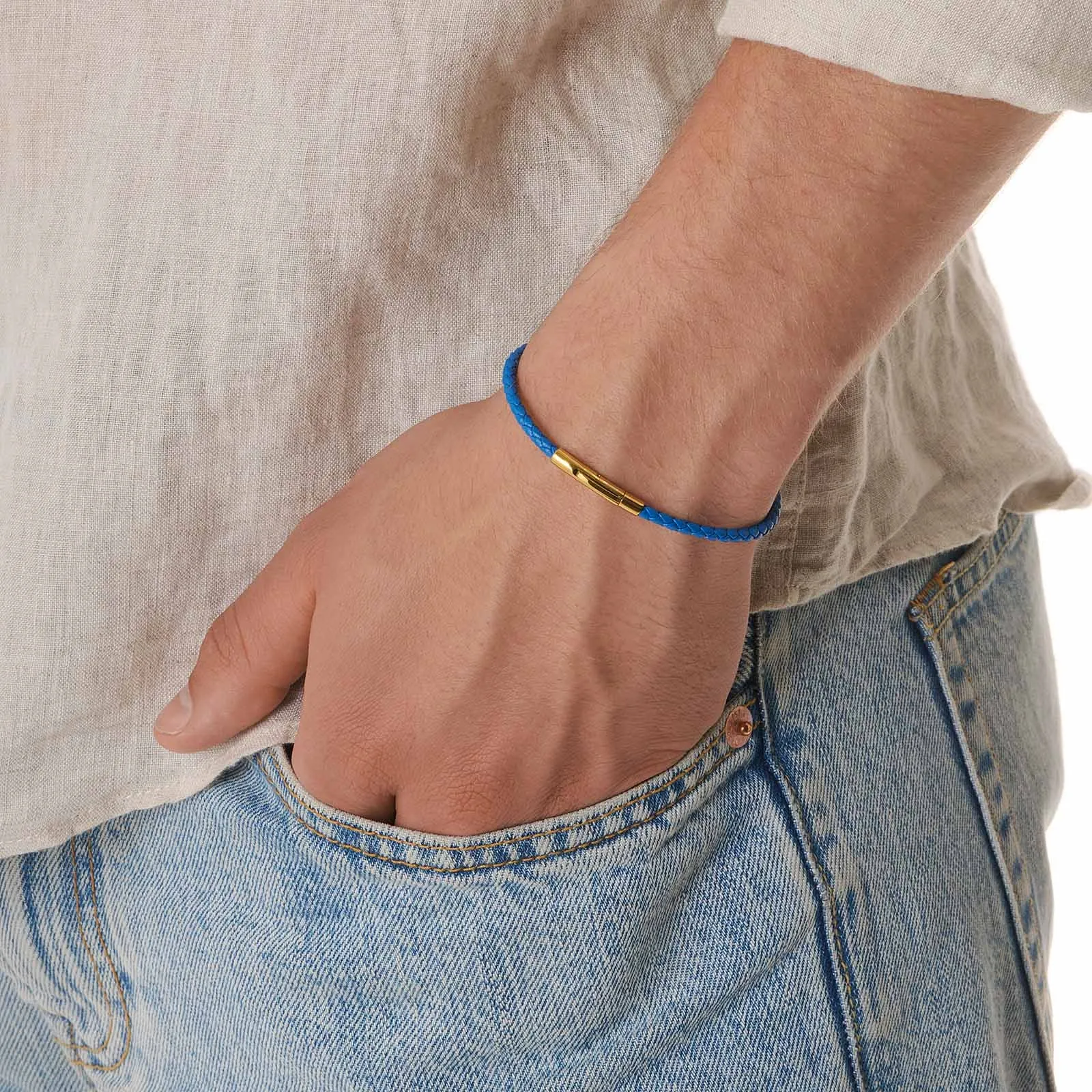 Blått flätat läderarmband med guldpläterat stålspänne, 16cm 3
